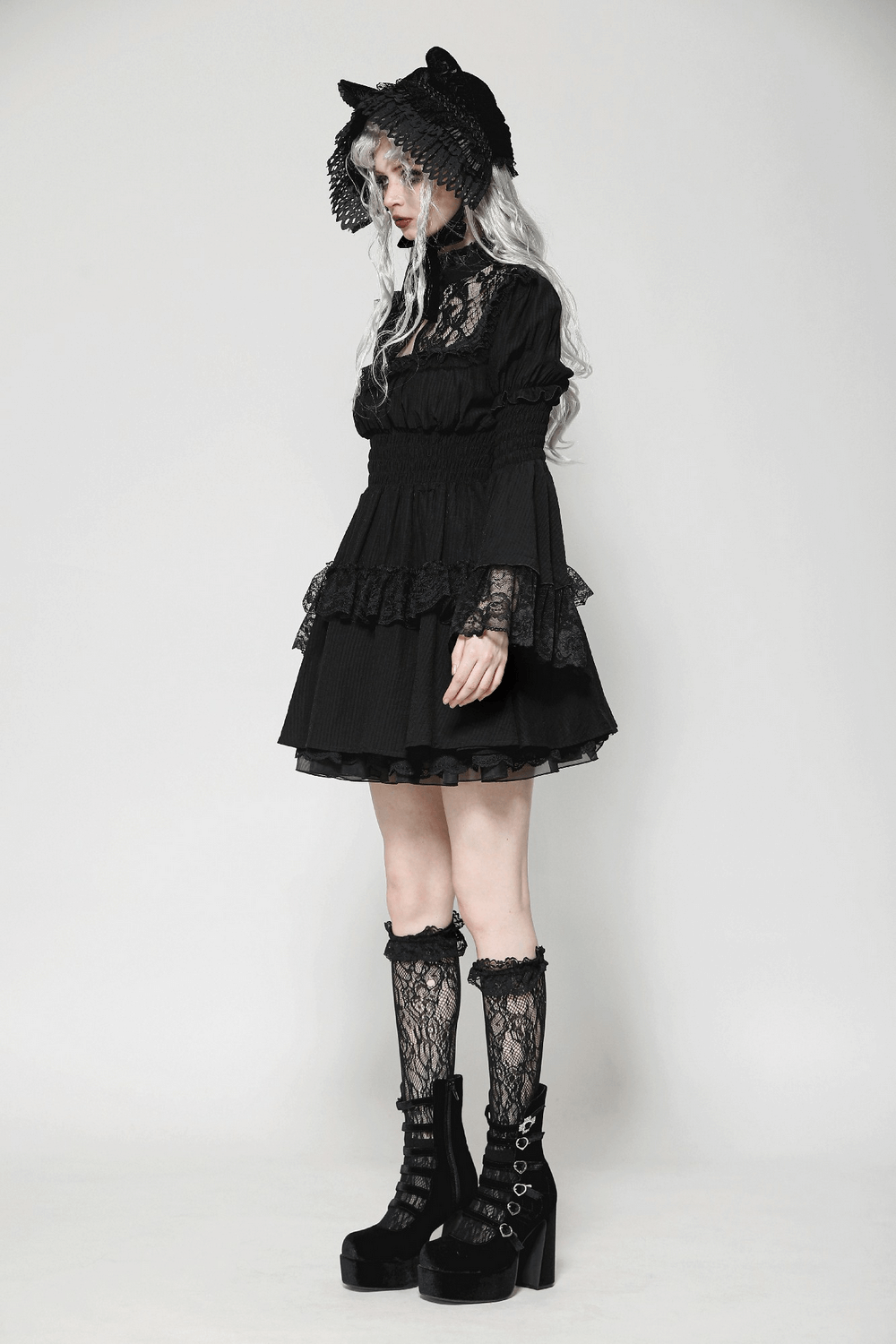Victorian Gothic Black Lace Dress with Ruffle Details - image 11