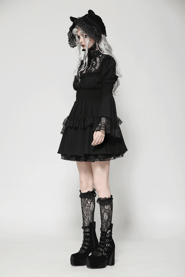 Victorian Gothic Black Lace Dress with Ruffle Details - image 11