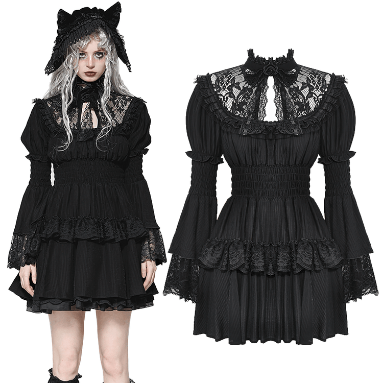Victorian Gothic Black Lace Dress with Ruffle Details - image 3