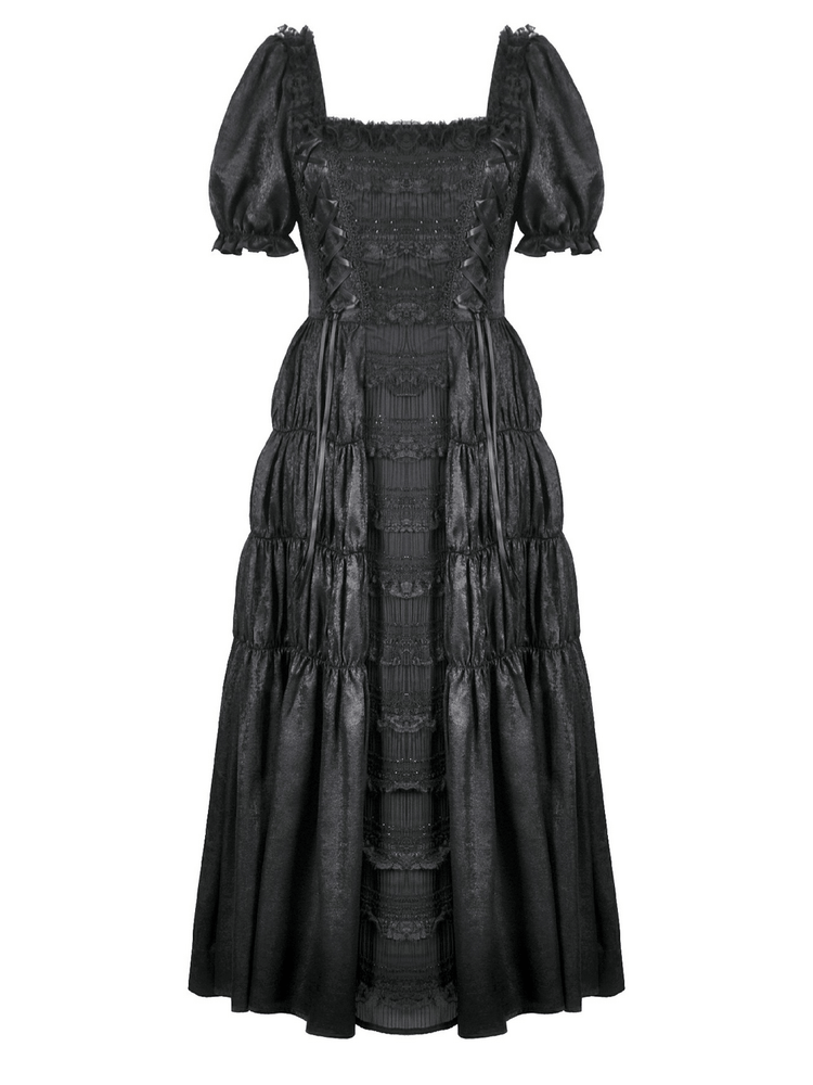 Victorian Gothic Black Puff-Sleeved Long Dress - image 4