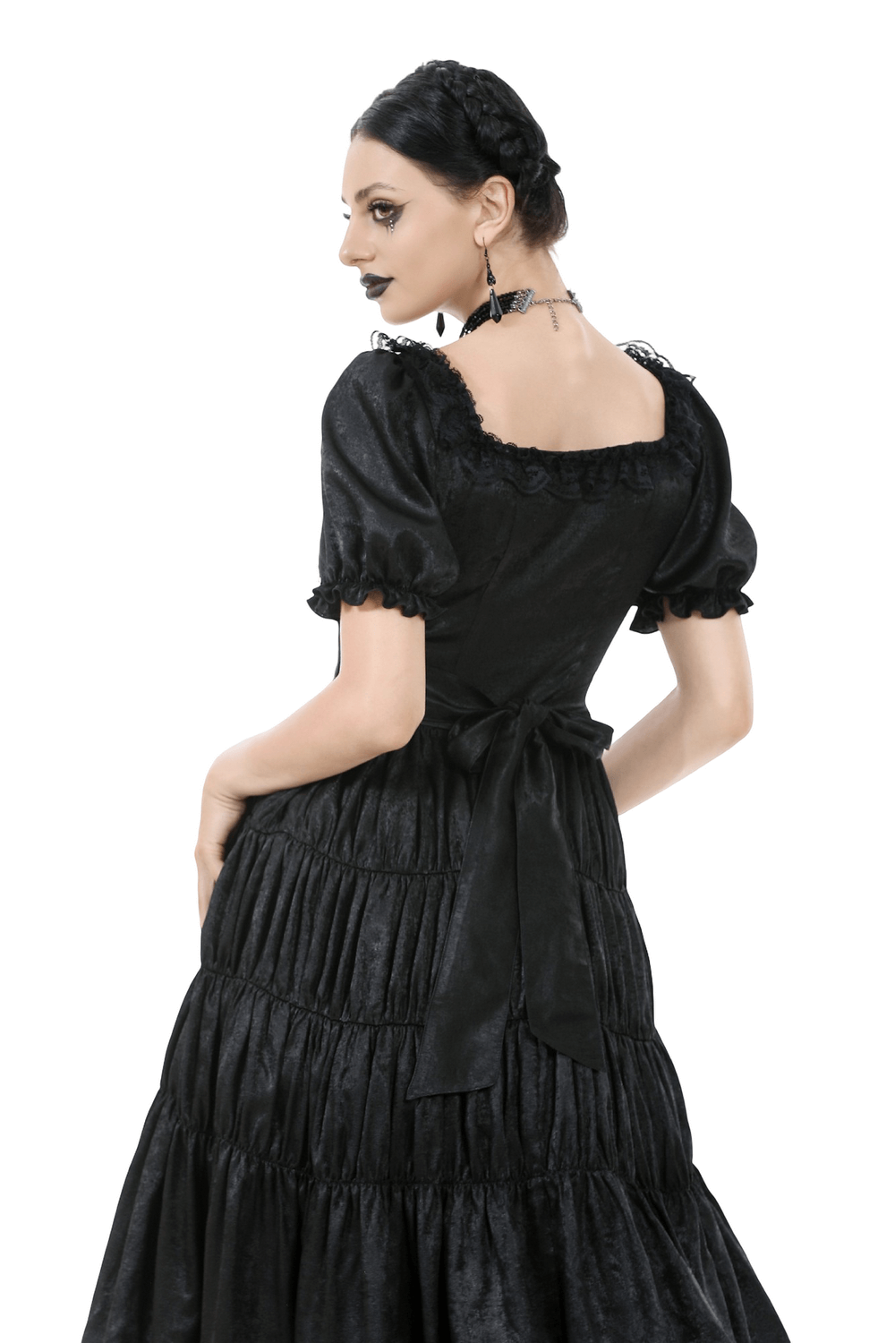 Victorian Gothic Black Puff-Sleeved Long Dress - image 2