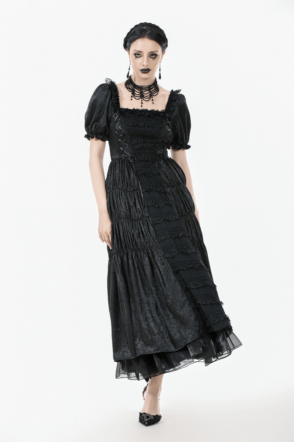 Victorian Gothic Black Puff-Sleeved Long Dress - image 14
