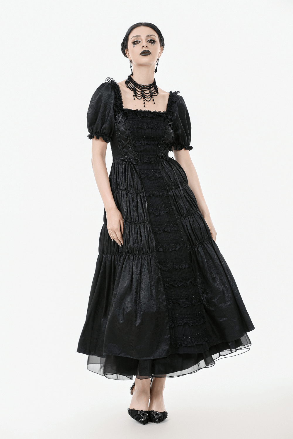 Victorian Gothic Black Puff-Sleeved Long Dress - image 16