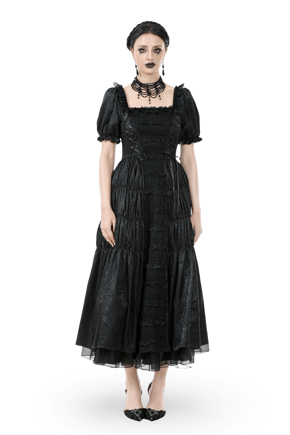 Victorian Gothic Black Puff-Sleeved Long Dress - image 1