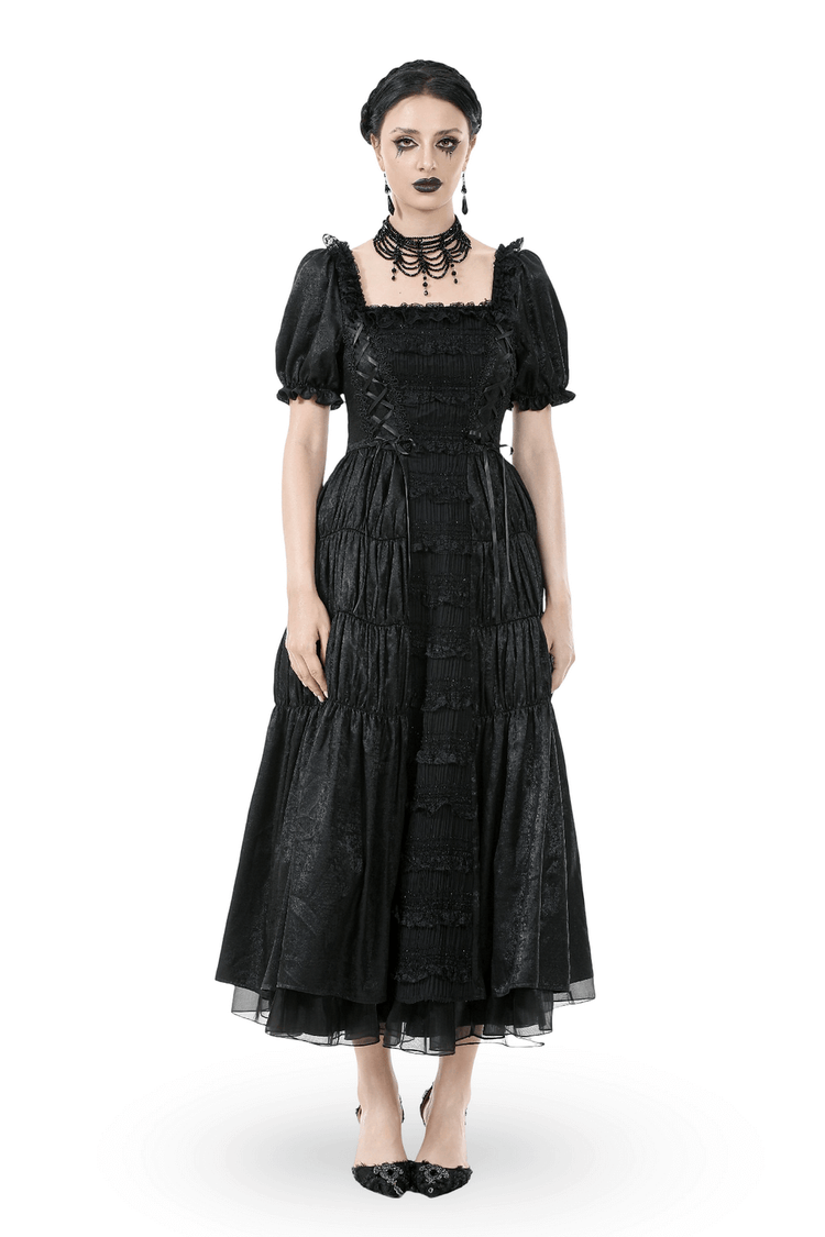 Victorian Gothic Black Puff-Sleeved Long Dress - image 1