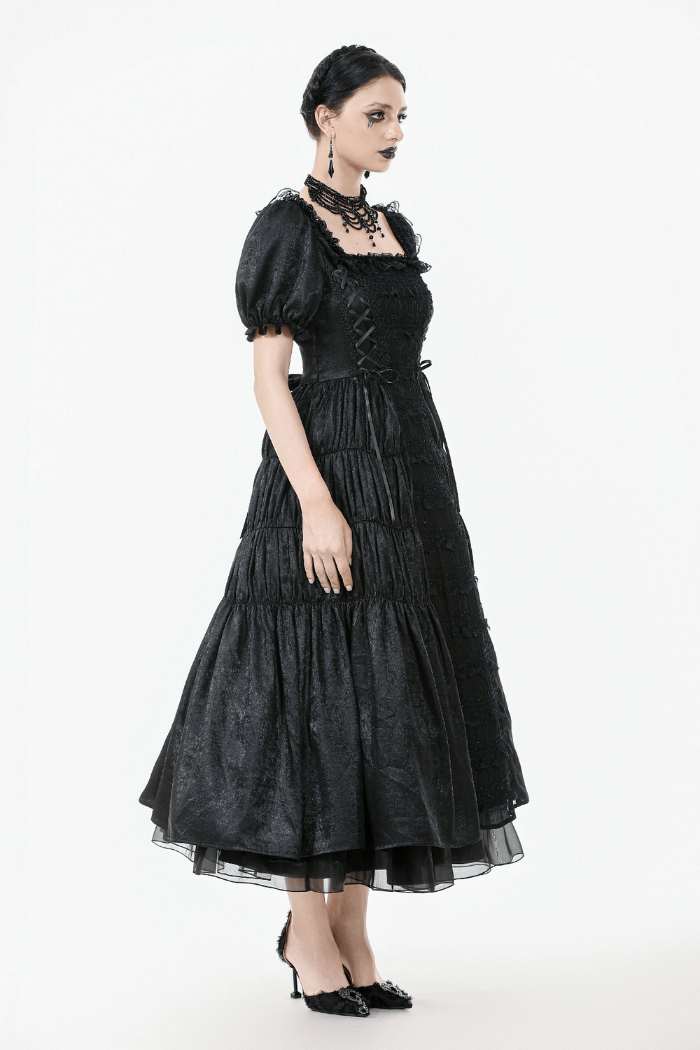 Victorian Gothic Black Puff-Sleeved Long Dress - image 17