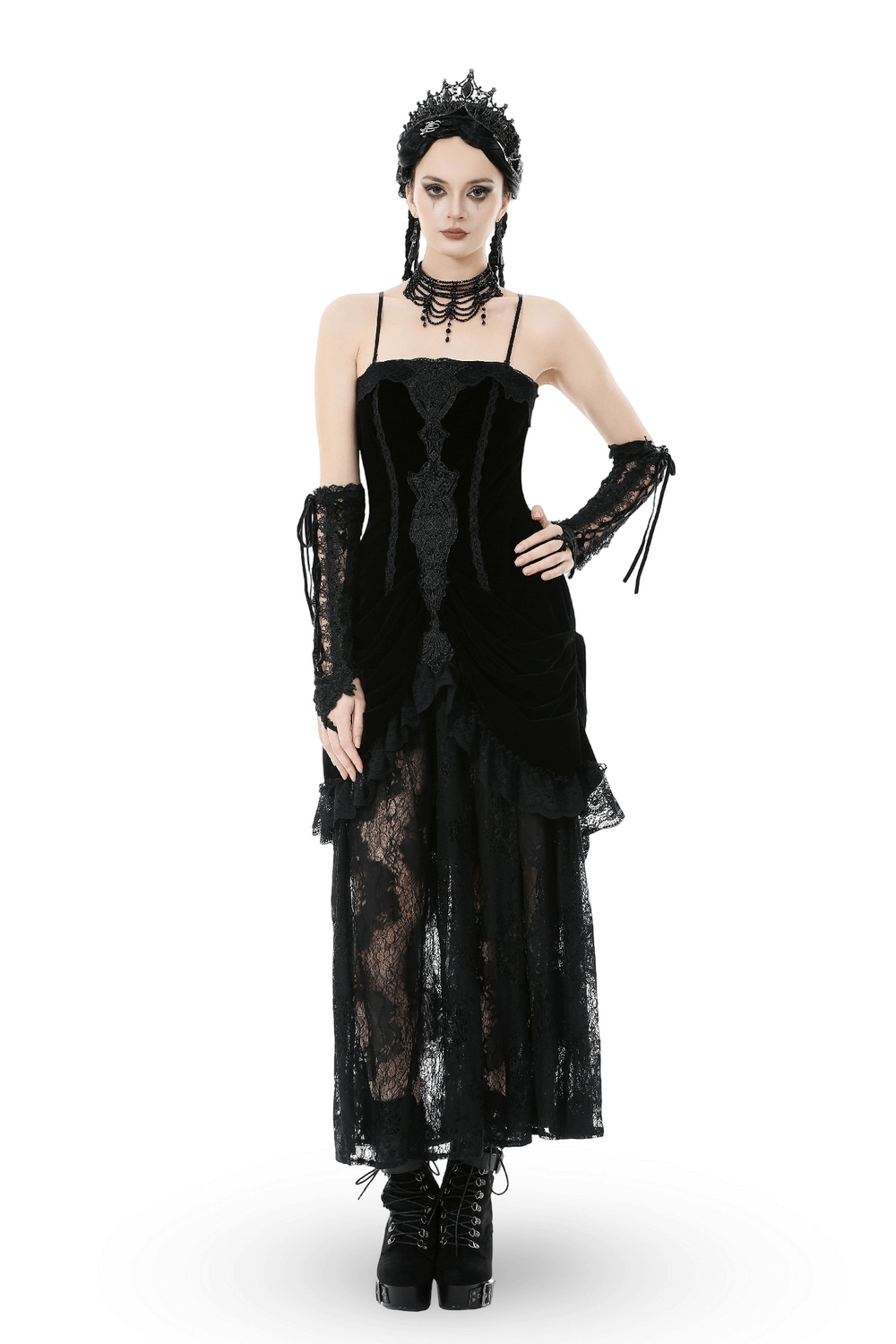 Victorian Gothic Lace and Velvet Layered Evening Dress - image 1