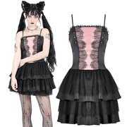 Victorian-Inspired Black Pink Lace Layered Mini Dress - image 3