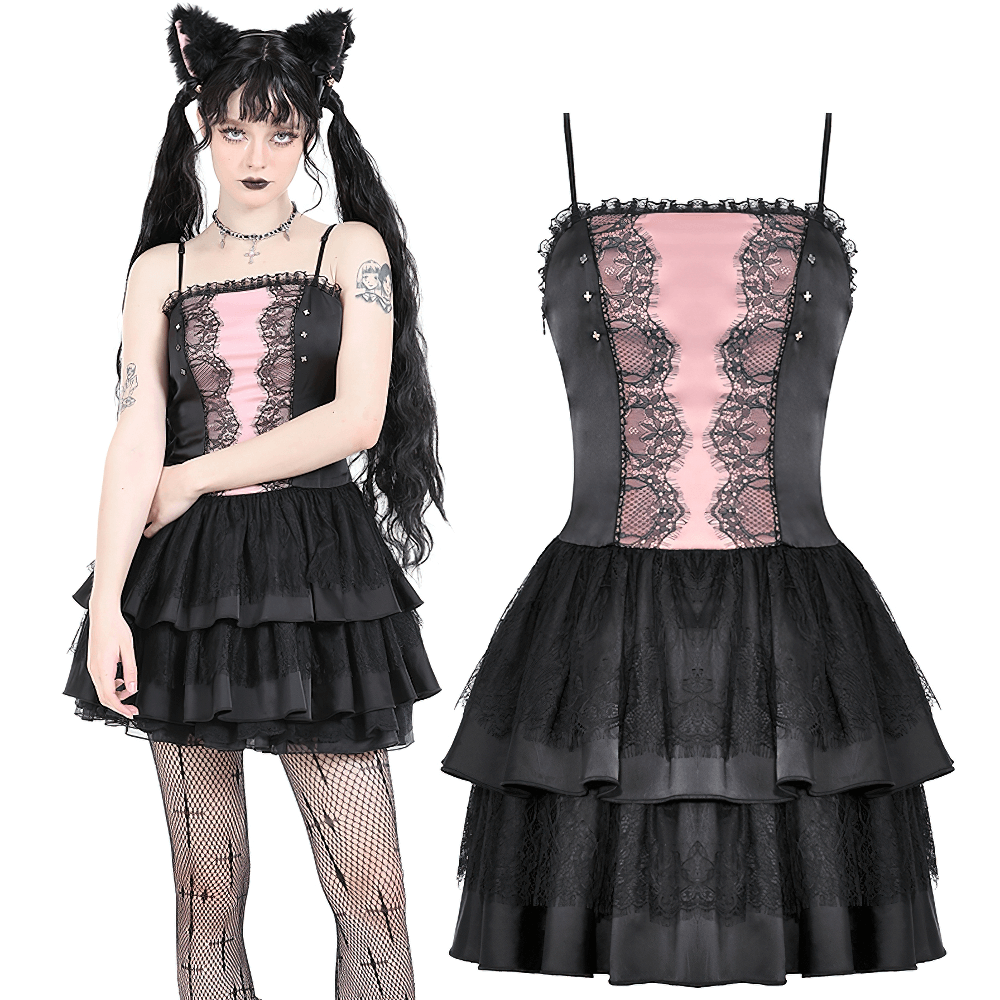 Victorian-Inspired Black Pink Lace Layered Mini Dress - image 3