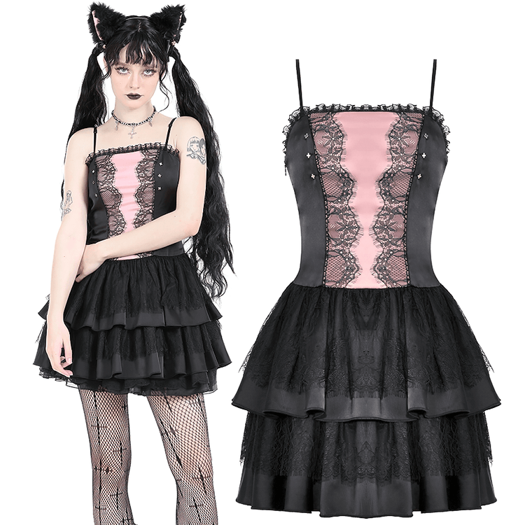 Victorian-Inspired Black Pink Lace Layered Mini Dress - image 3