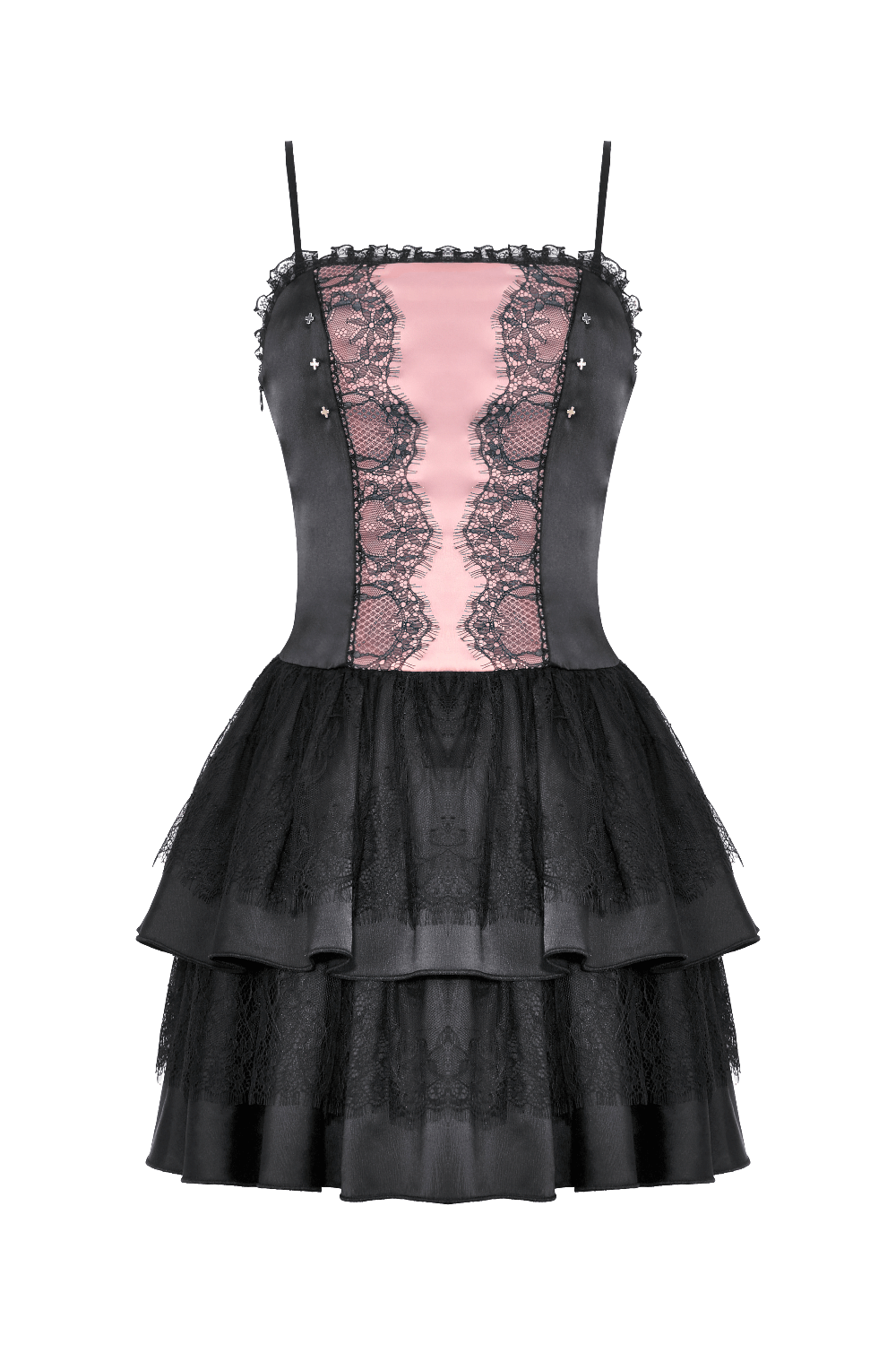 Victorian-Inspired Black Pink Lace Layered Mini Dress - image 4