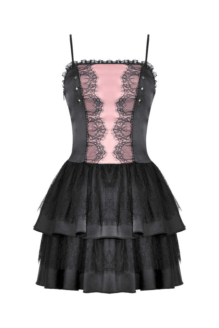 Victorian-Inspired Black Pink Lace Layered Mini Dress - image 4