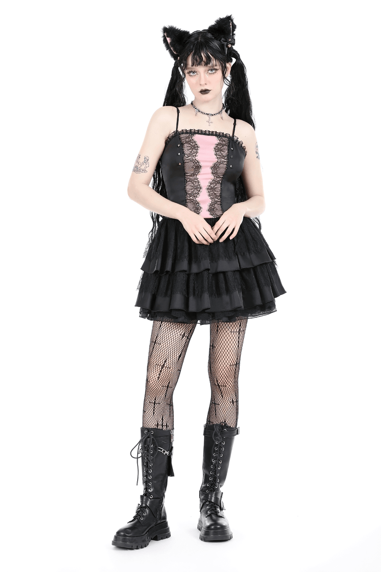 Victorian-Inspired Black Pink Lace Layered Mini Dress - image 14
