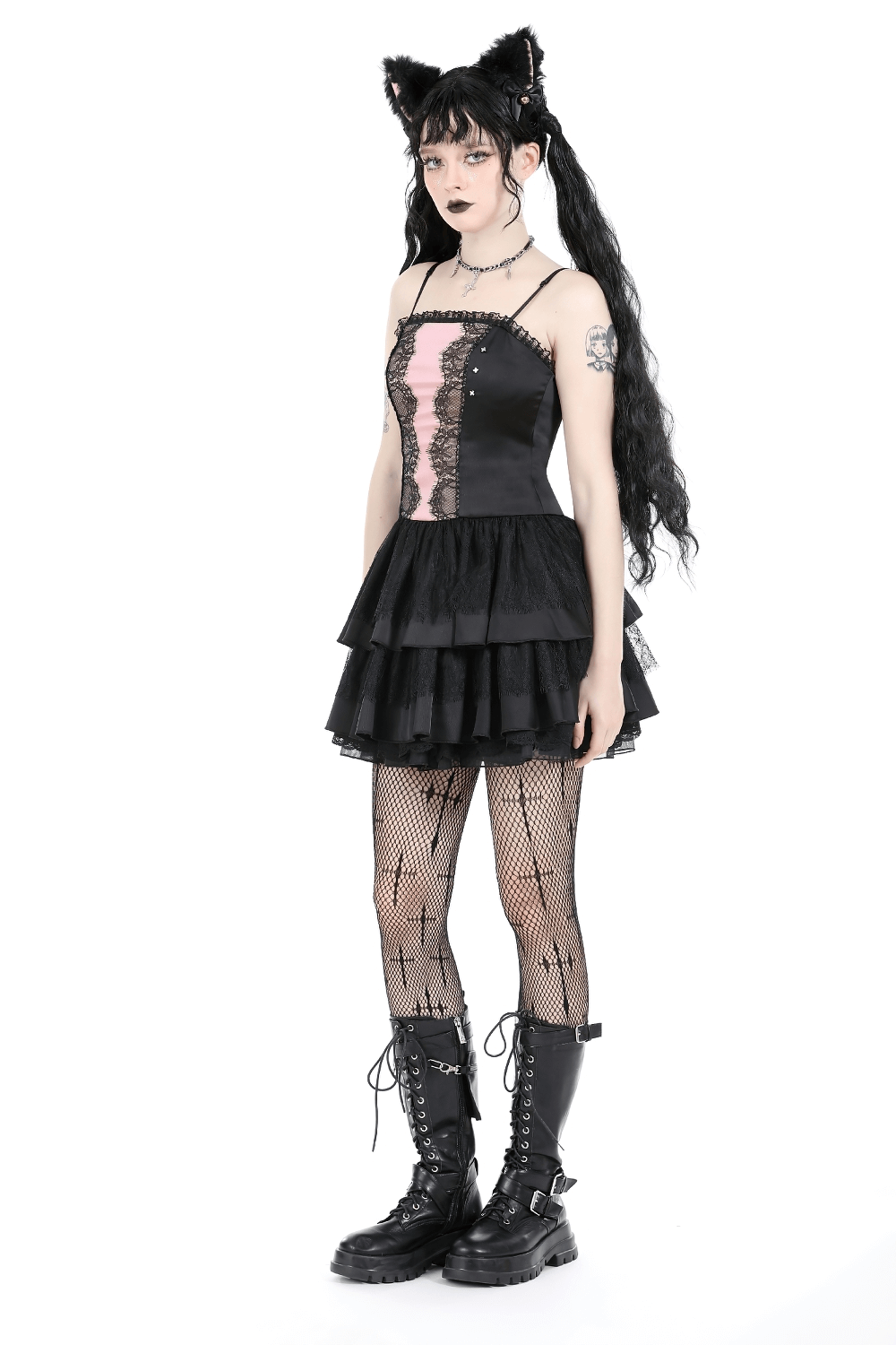 Victorian-Inspired Black Pink Lace Layered Mini Dress - image 15