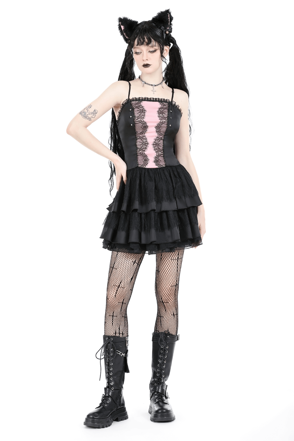 Victorian-Inspired Black Pink Lace Layered Mini Dress - image 16
