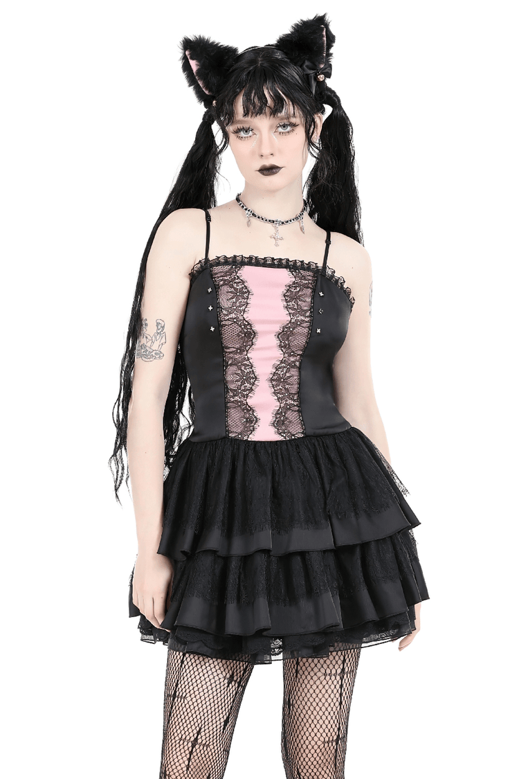 Victorian-Inspired Black Pink Lace Layered Mini Dress - image 1