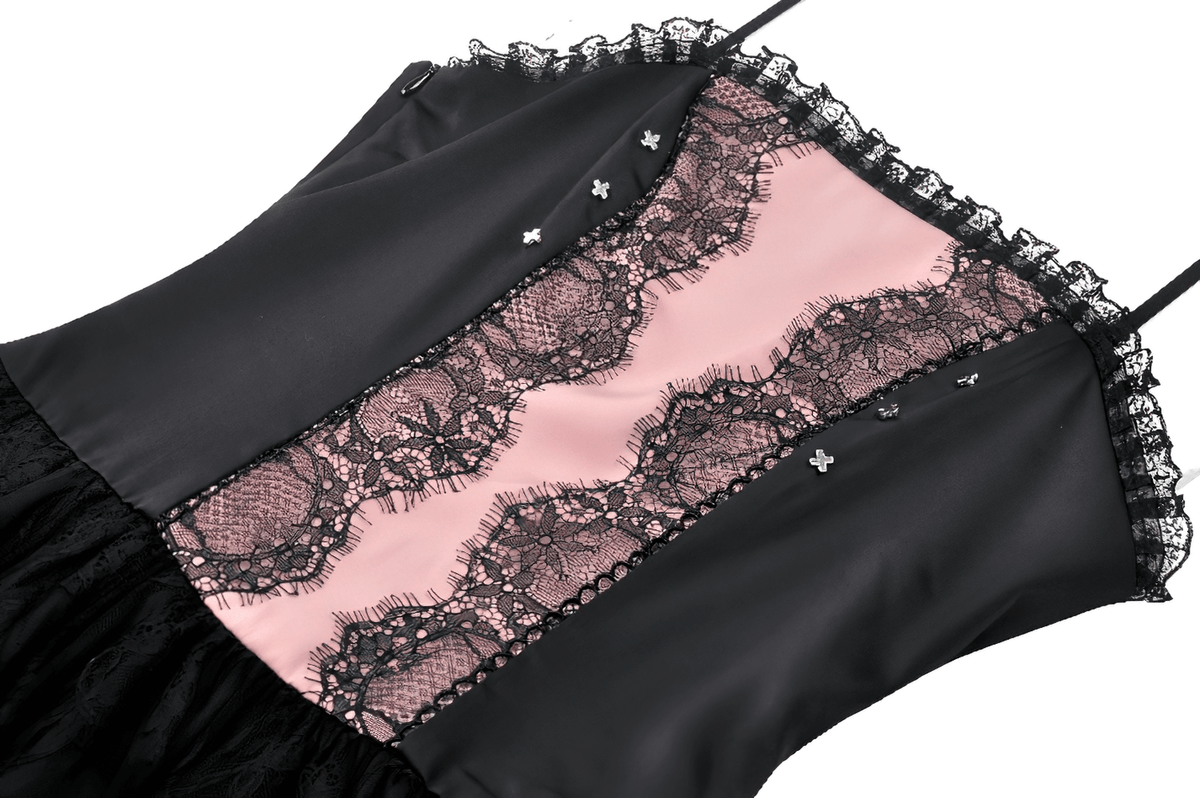 Victorian-Inspired Black Pink Lace Layered Mini Dress - image 7