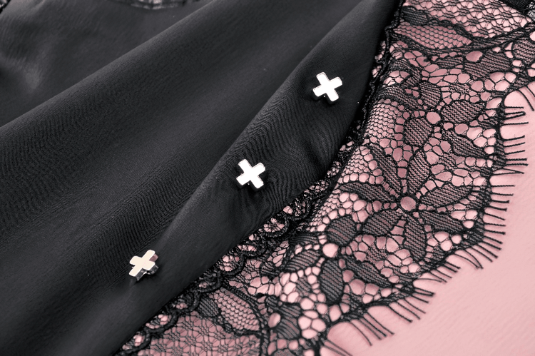 Victorian-Inspired Black Pink Lace Layered Mini Dress - image 10