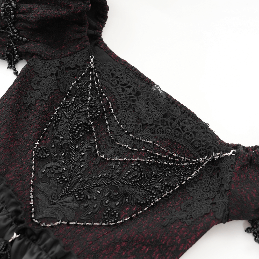 Victorian Lace-Up Dress with Beaded Detail and Ruffles - image 7