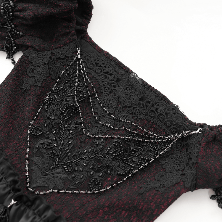 Victorian Lace-Up Dress with Beaded Detail and Ruffles - image 7