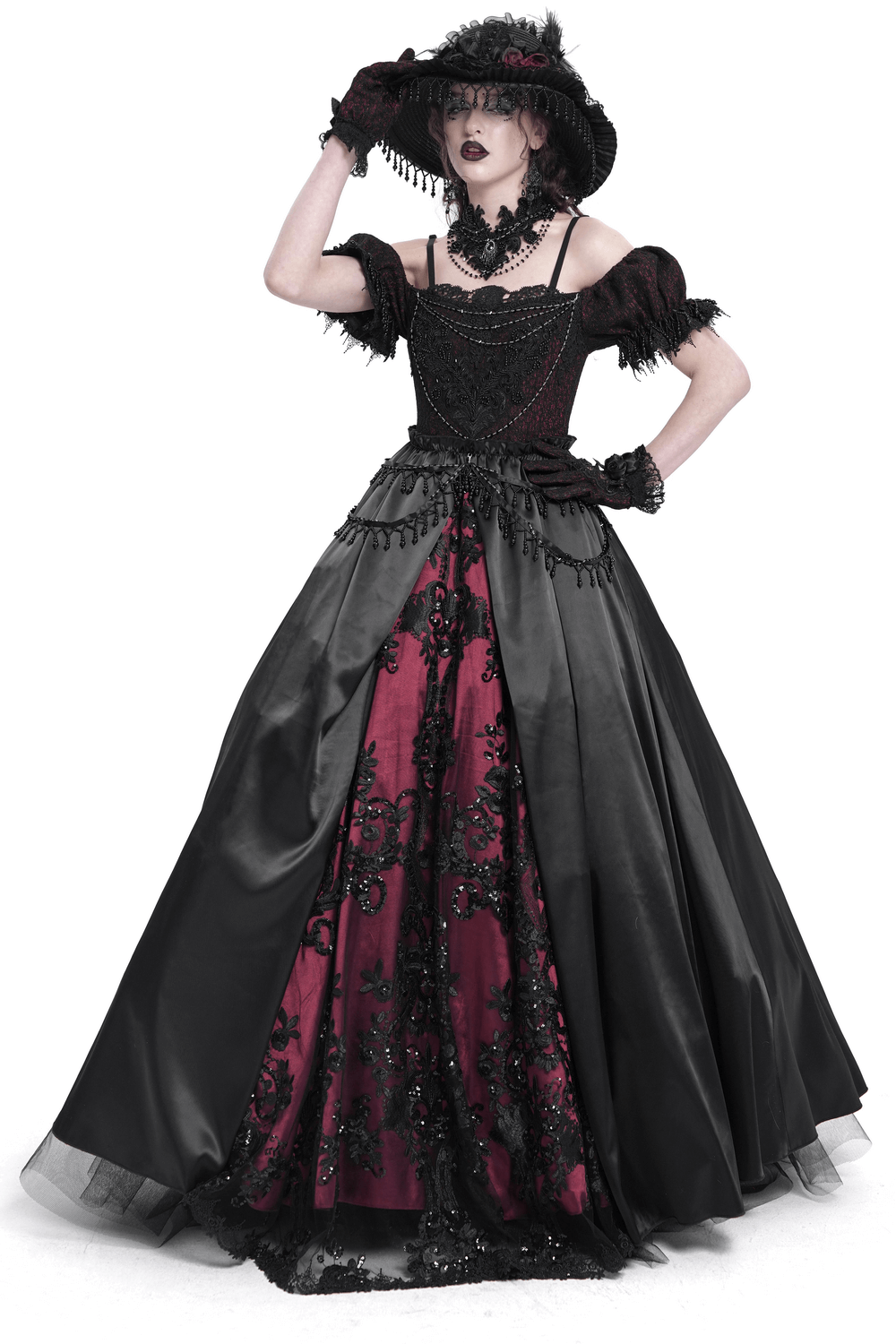 Victorian Lace-Up Dress with Beaded Detail and Ruffles - image 1