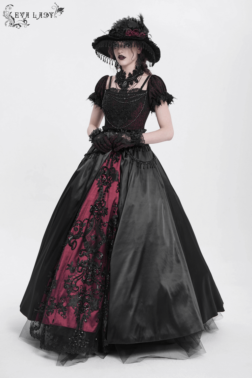 Victorian Lace-Up Dress with Beaded Detail and Ruffles - image 15