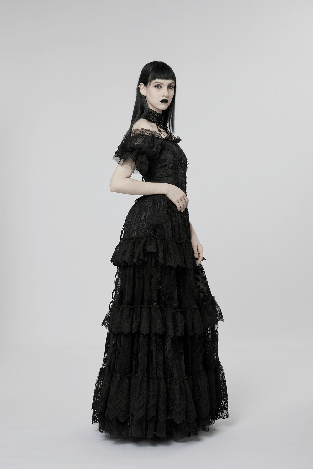 Victorian Short Sleeved Flocking Lace Layered Goth Dress - image 13