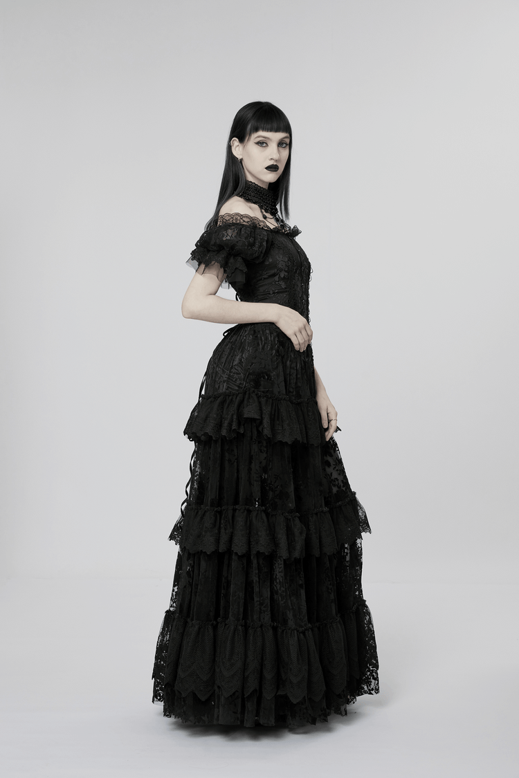 Victorian Short Sleeved Flocking Lace Layered Goth Dress - image 13