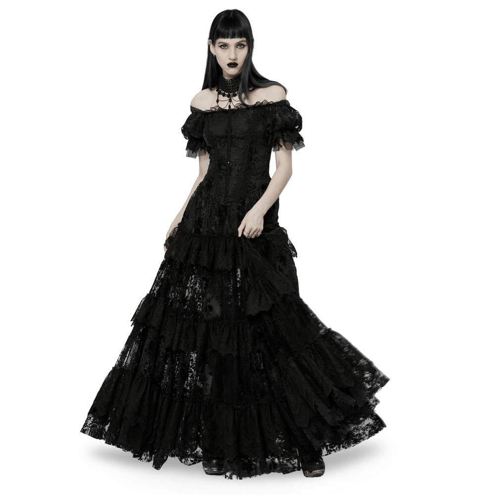 Victorian Short Sleeved Flocking Lace Layered Goth Dress - image 1