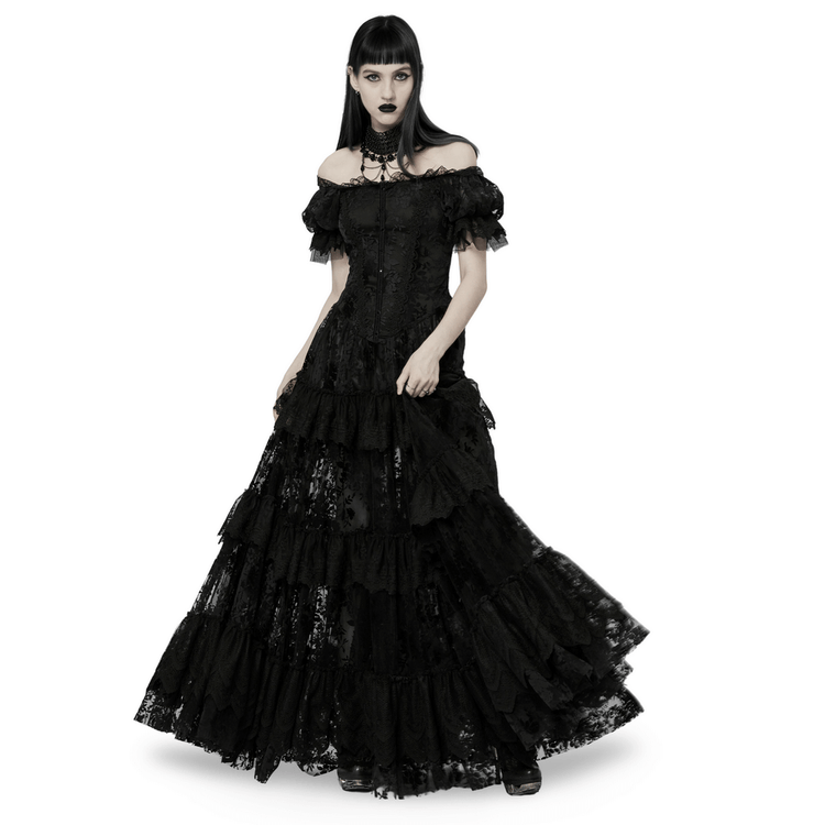 Victorian Short Sleeved Flocking Lace Layered Goth Dress - image 1