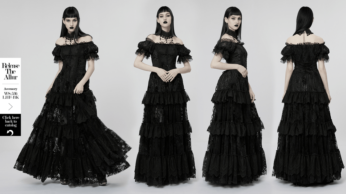 Victorian Short Sleeved Flocking Lace Layered Goth Dress - image 14