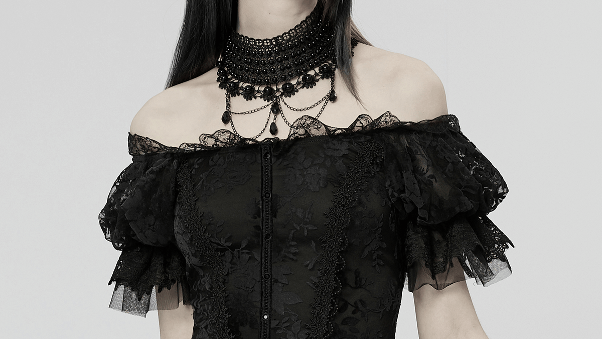 Victorian Short Sleeved Flocking Lace Layered Goth Dress - image 12