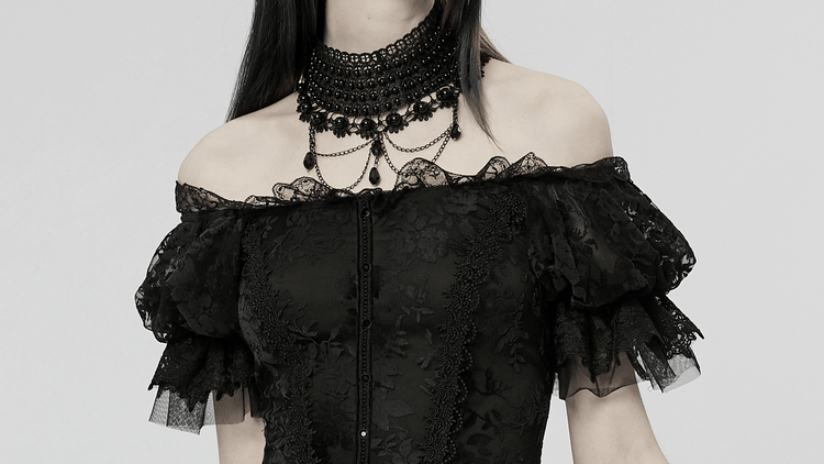 Victorian Short Sleeved Flocking Lace Layered Goth Dress - image 12