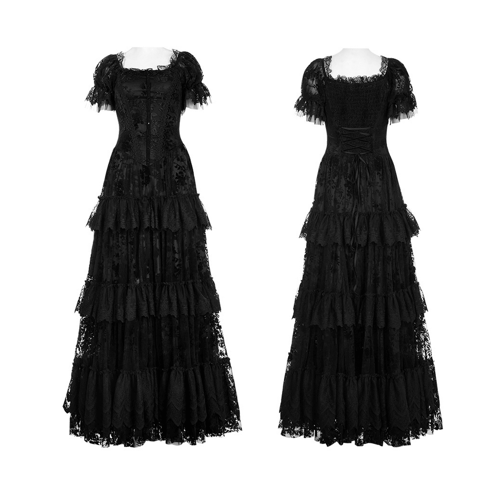 Victorian Short Sleeved Flocking Lace Layered Goth Dress - image 3