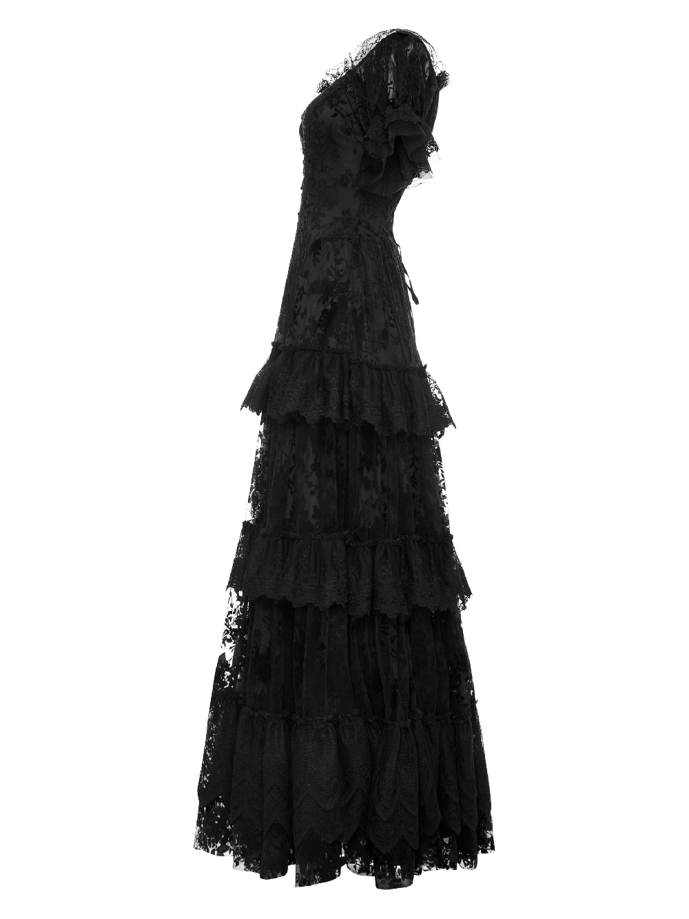 Victorian Short Sleeved Flocking Lace Layered Goth Dress - image 6