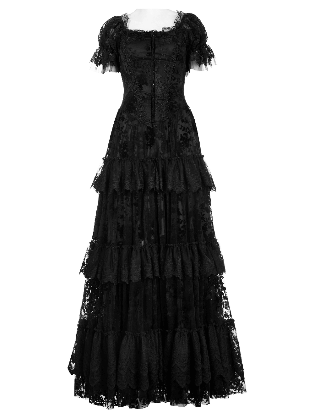Victorian Short Sleeved Flocking Lace Layered Goth Dress - image 4