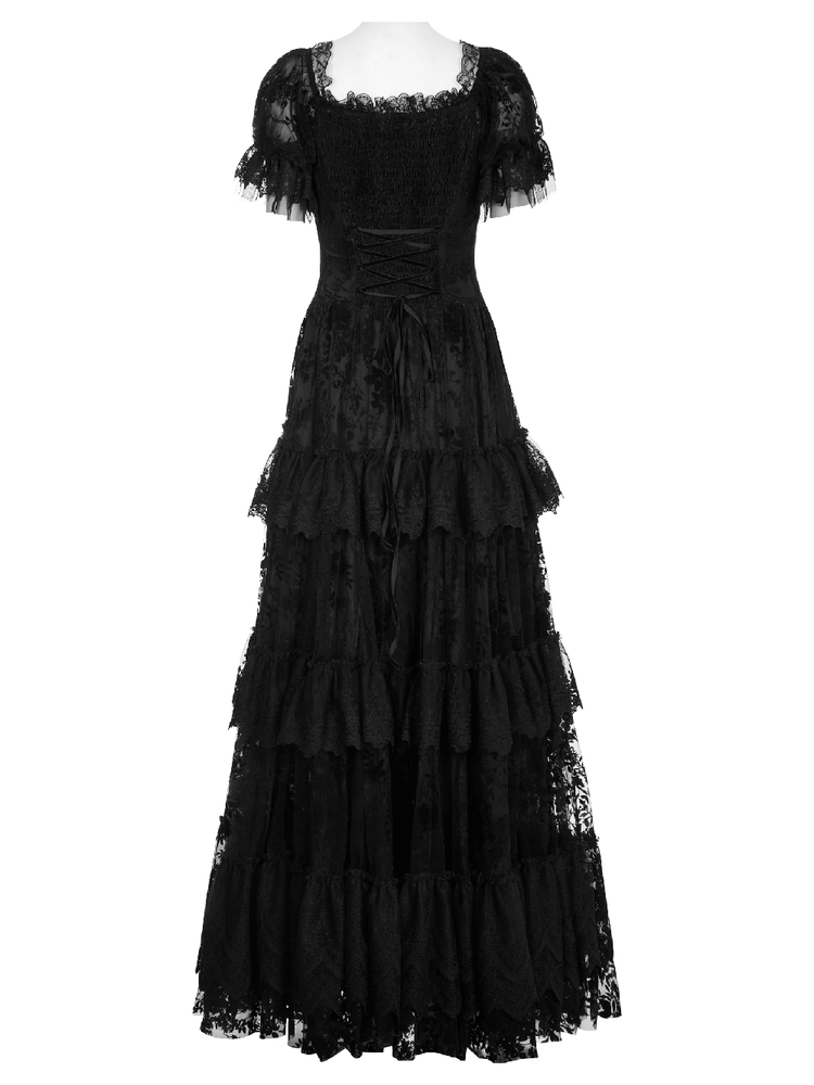 Victorian Short Sleeved Flocking Lace Layered Goth Dress - image 7