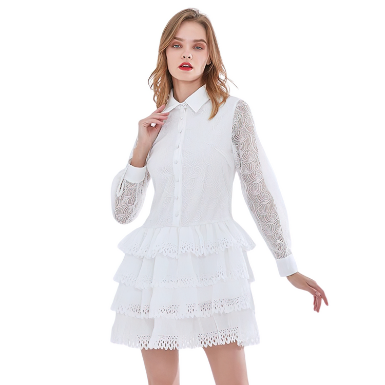 Vintage Long Sleeve High Waist Dress For Women / Female Patchwork Ruffles Mini Dresses - image 2