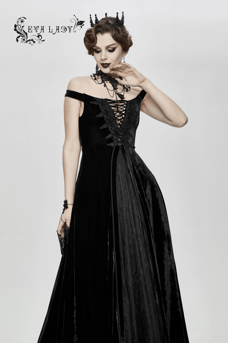 Vintage Sexy Off Shoulder Velvet Long Dress / Gothic Black Dress with Lace On Bodice & Lace-up Back - image 14