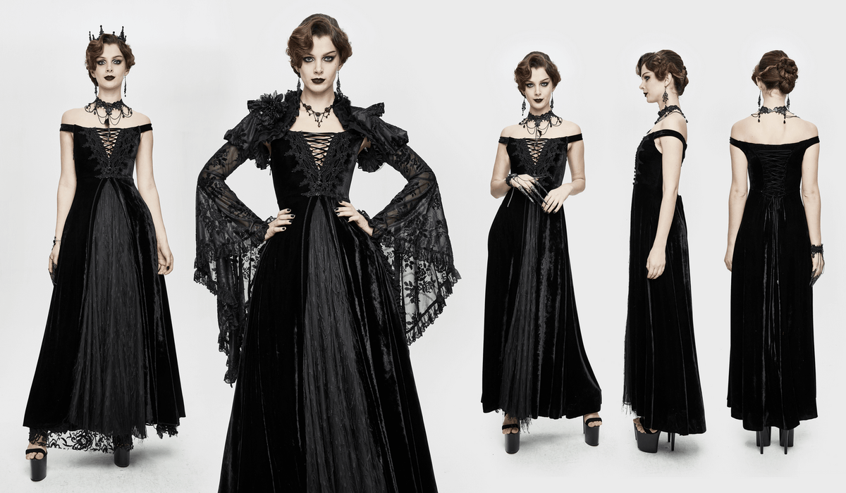 Vintage Sexy Off Shoulder Velvet Long Dress / Gothic Black Dress with Lace On Bodice & Lace-up Back - image 19