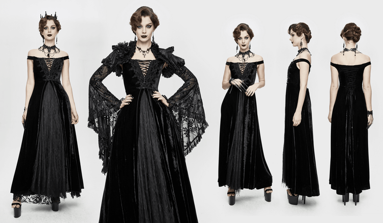 Vintage Sexy Off Shoulder Velvet Long Dress / Gothic Black Dress with Lace On Bodice & Lace-up Back - image 19