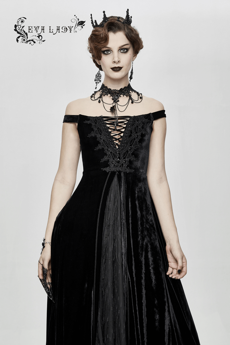 Vintage Sexy Off Shoulder Velvet Long Dress / Gothic Black Dress with Lace On Bodice & Lace-up Back - image 13