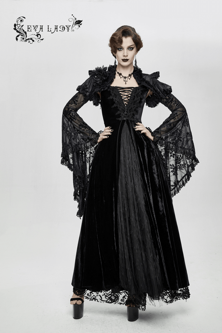 Vintage Sexy Off Shoulder Velvet Long Dress / Gothic Black Dress with Lace On Bodice & Lace-up Back - image 18