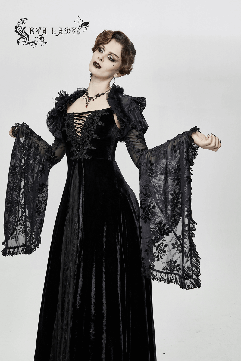 Vintage Sexy Off Shoulder Velvet Long Dress / Gothic Black Dress with Lace On Bodice & Lace-up Back - image 12