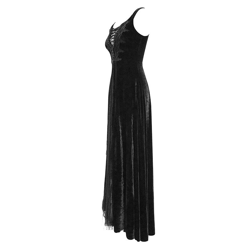 Vintage Sexy Off Shoulder Velvet Long Dress / Gothic Black Dress with Lace On Bodice & Lace-up Back - image 4