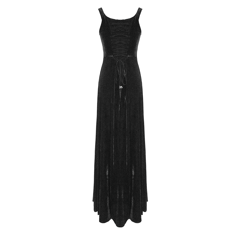 Vintage Sexy Off Shoulder Velvet Long Dress / Gothic Black Dress with Lace On Bodice & Lace-up Back - image 5