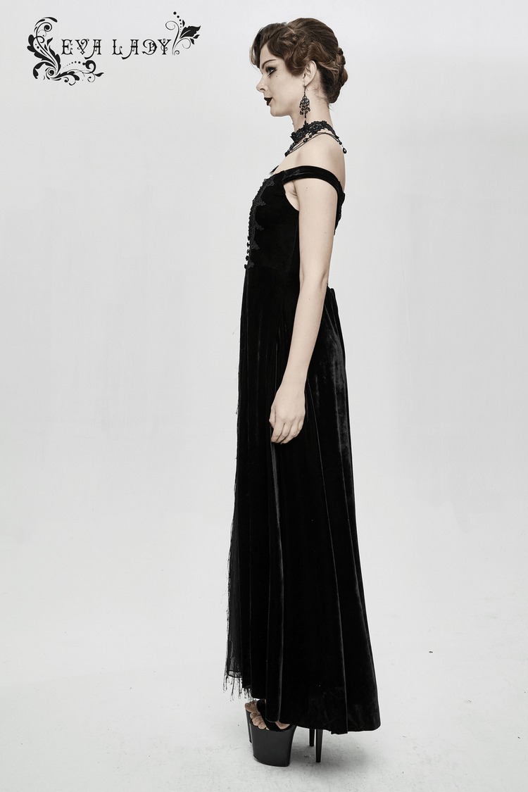 Vintage Sexy Off Shoulder Velvet Long Dress / Gothic Black Dress with Lace On Bodice & Lace-up Back - image 17
