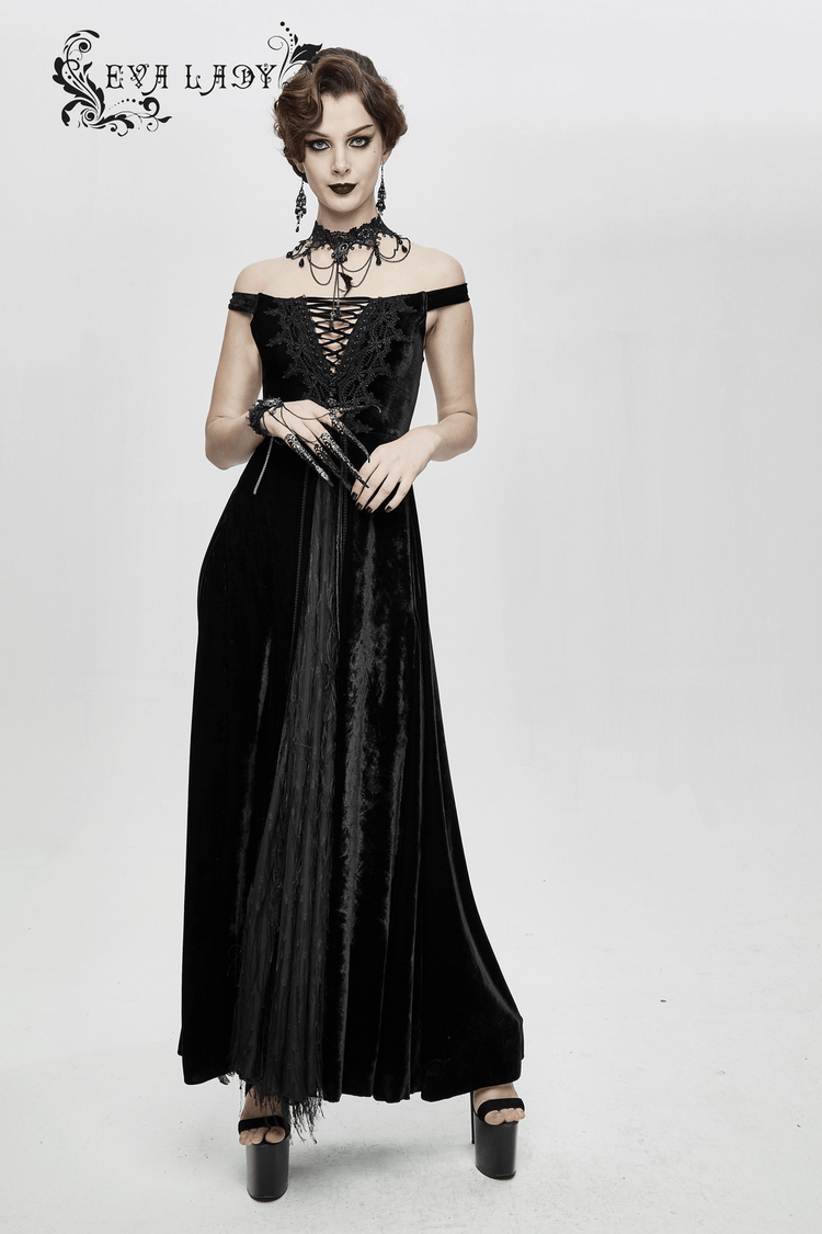 Vintage Sexy Off Shoulder Velvet Long Dress / Gothic Black Dress with Lace On Bodice & Lace-up Back - image 16