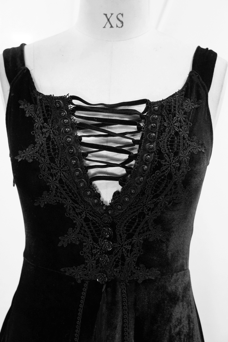 Vintage Sexy Off Shoulder Velvet Long Dress / Gothic Black Dress with Lace On Bodice & Lace-up Back - image 11
