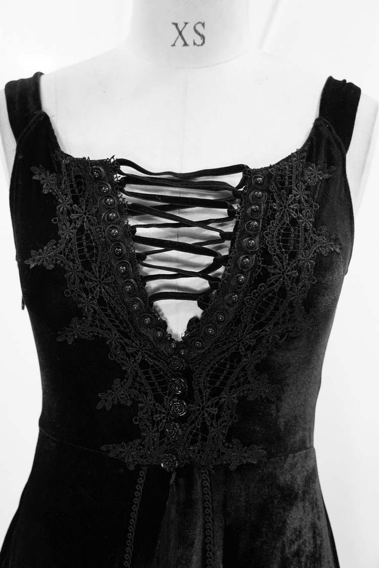 Vintage Sexy Off Shoulder Velvet Long Dress / Gothic Black Dress with Lace On Bodice & Lace-up Back - image 11